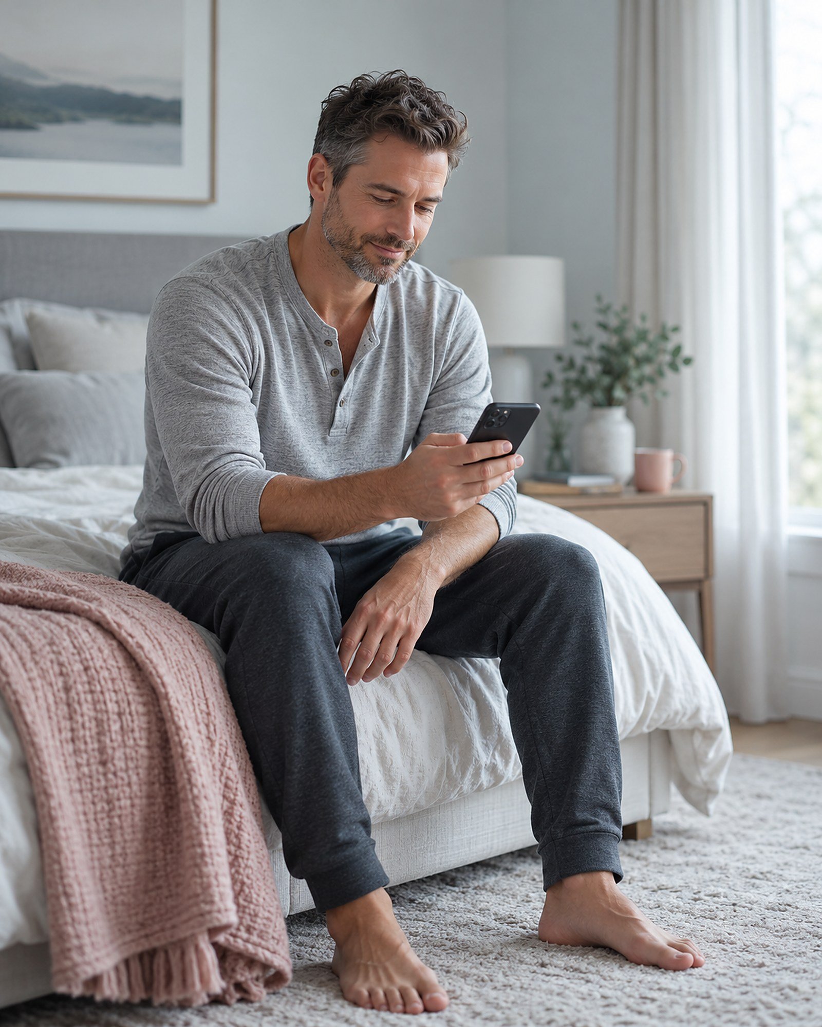 Man in his forties sitting on the edge of his bed in morning light, rested and clear-headed