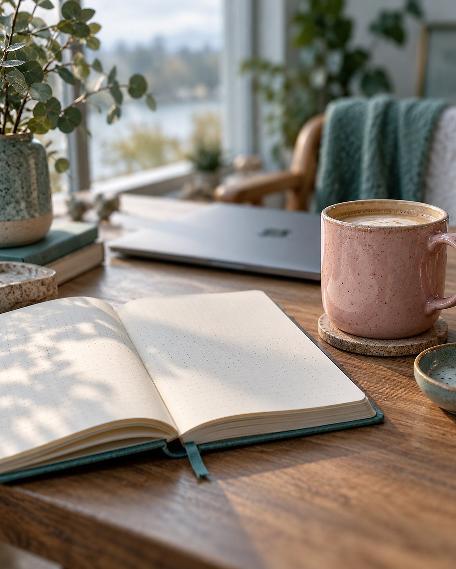 A notebook, tea and laptop on a kitchen table